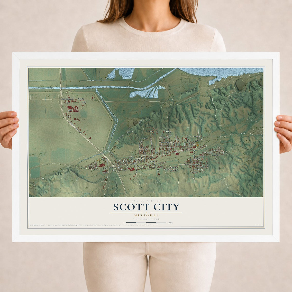 Map of Scott City, Missouri, 18 x 24 inch print in a white wood frame