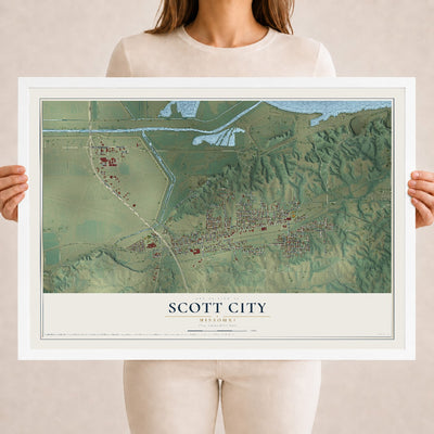 Map of Scott City, Missouri, 18 x 24 inch print in a white wood frame