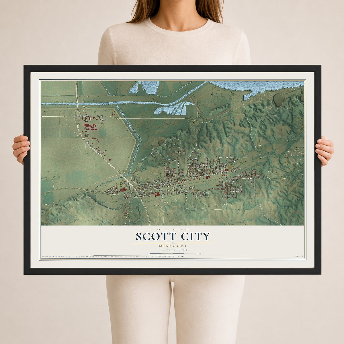 Map of Scott City, Missouri, 24 x 36 inch print in a black wood frame