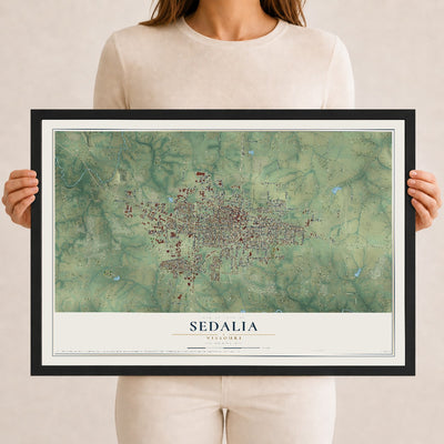 Map of Sedalia, Missouri, 12 x 18 inch print in a black wood frame