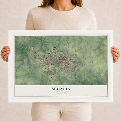 Map of Sedalia, Missouri, 12 x 18 inch print in a white wood frame