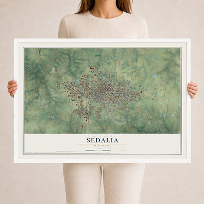 Map of Sedalia, Missouri, 24 x 36 inch print in a white wood frame