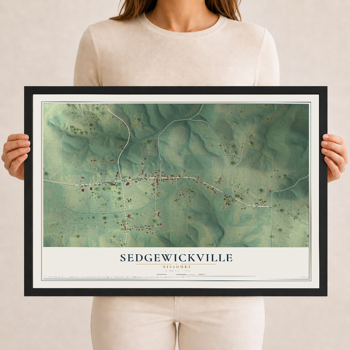 Map of Sedgewickville, Missouri, 12 x 18 inch print in a black wood frame