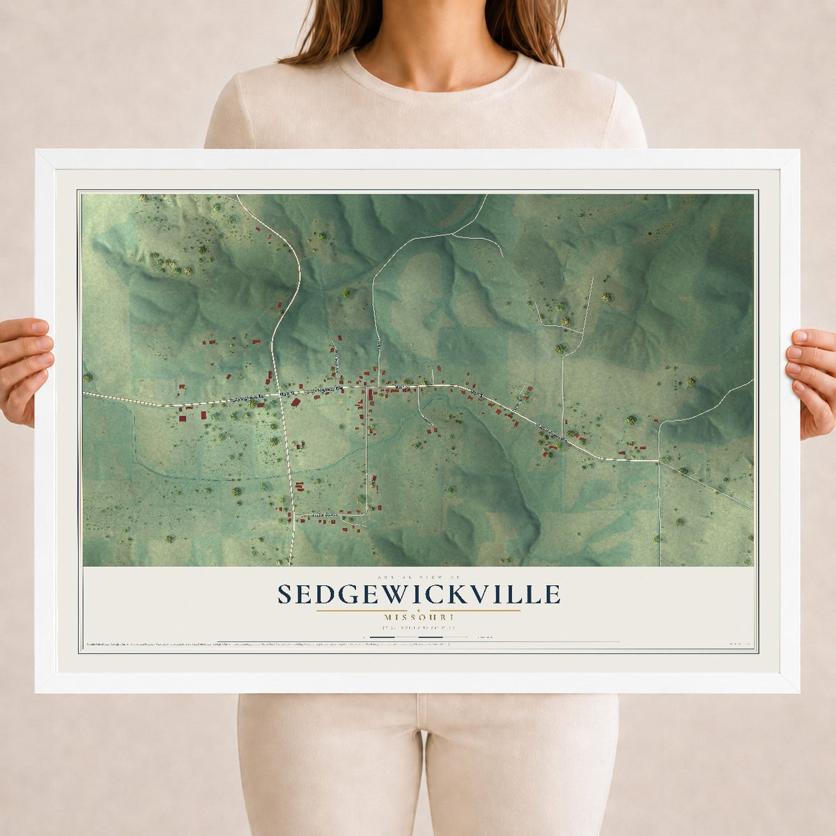 Map of Sedgewickville, Missouri, 18 x 24 inch print in a white wood frame
