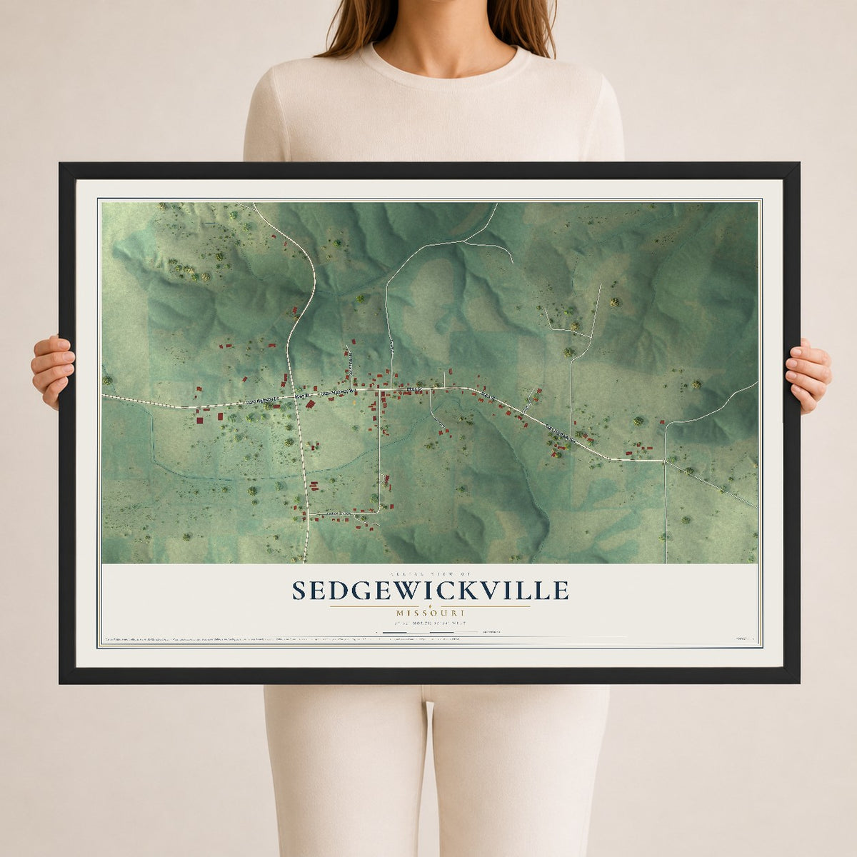 Map of Sedgewickville, Missouri, 24 x 36 inch print in a black wood frame