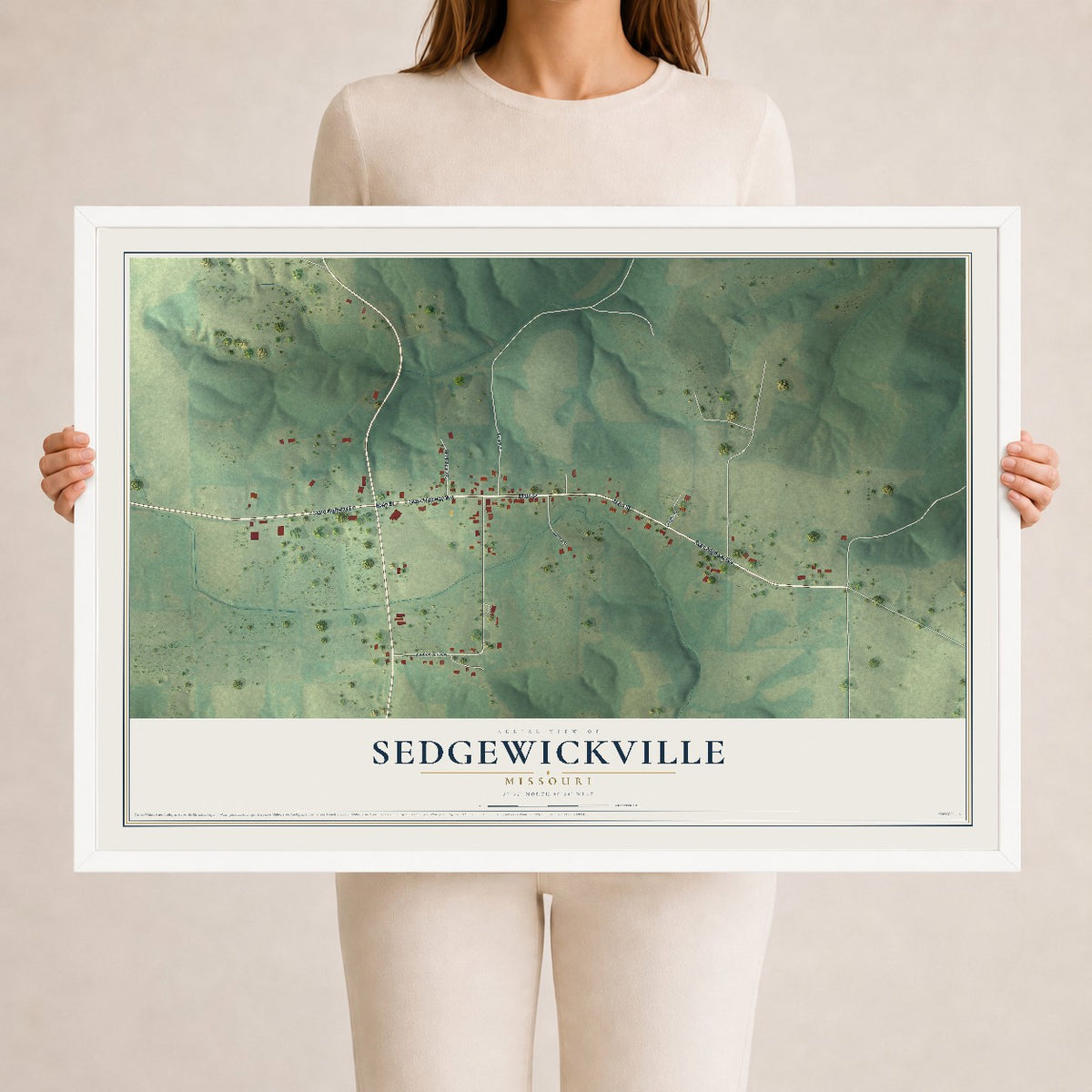 Map of Sedgewickville, Missouri, 24 x 36 inch print in a white wood frame