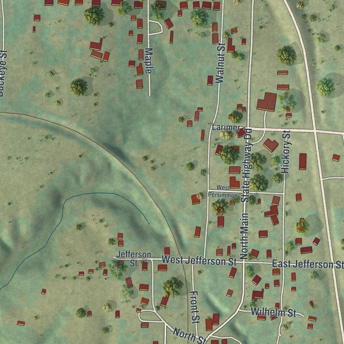 Second close-up of the map of Seligman, Missouri print showing more streets and buildings