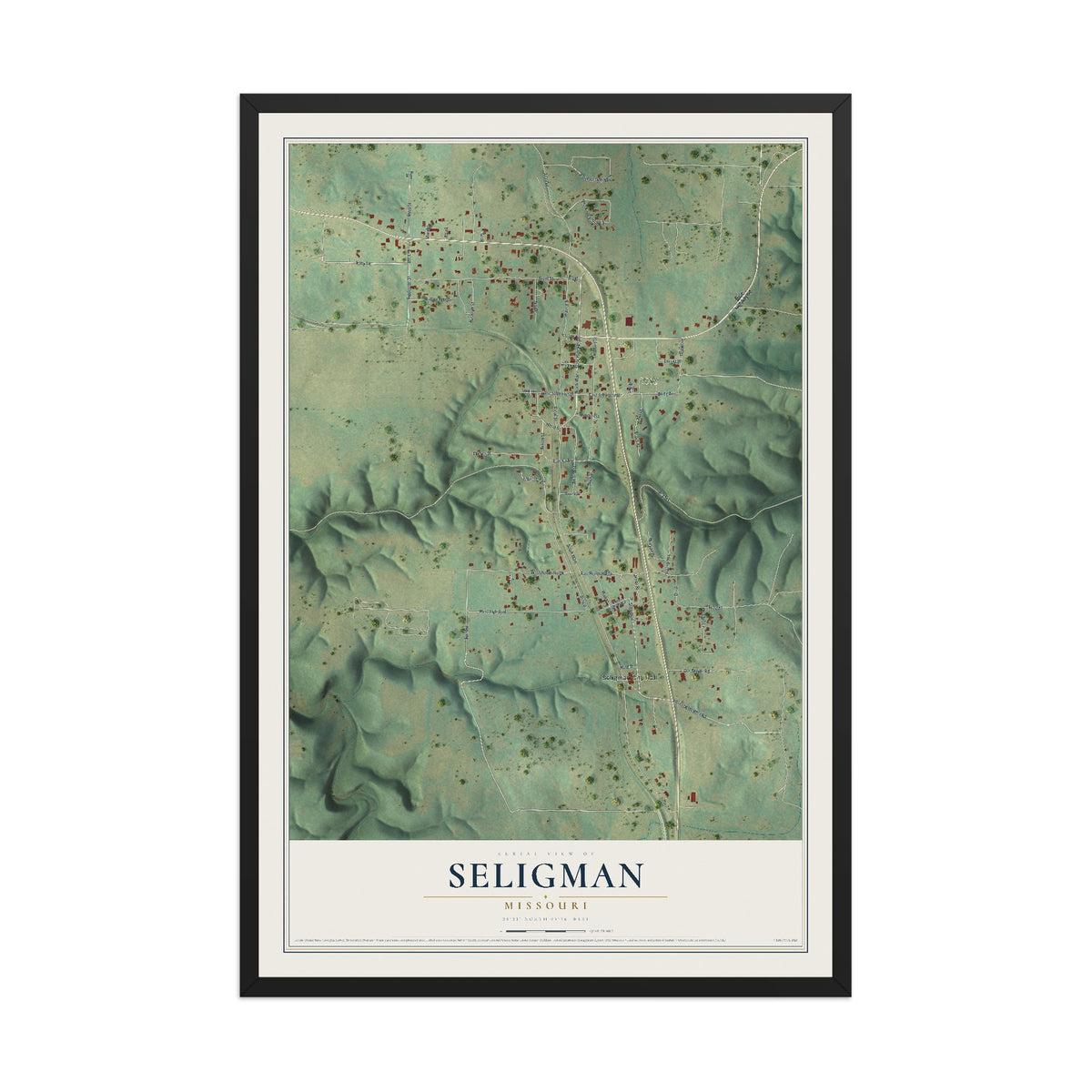 Map of Seligman, Missouri, 12 x 18 inch print in a black wood frame