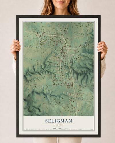 Map of Seligman, Missouri, 24 x 36 inch print in a black wood frame