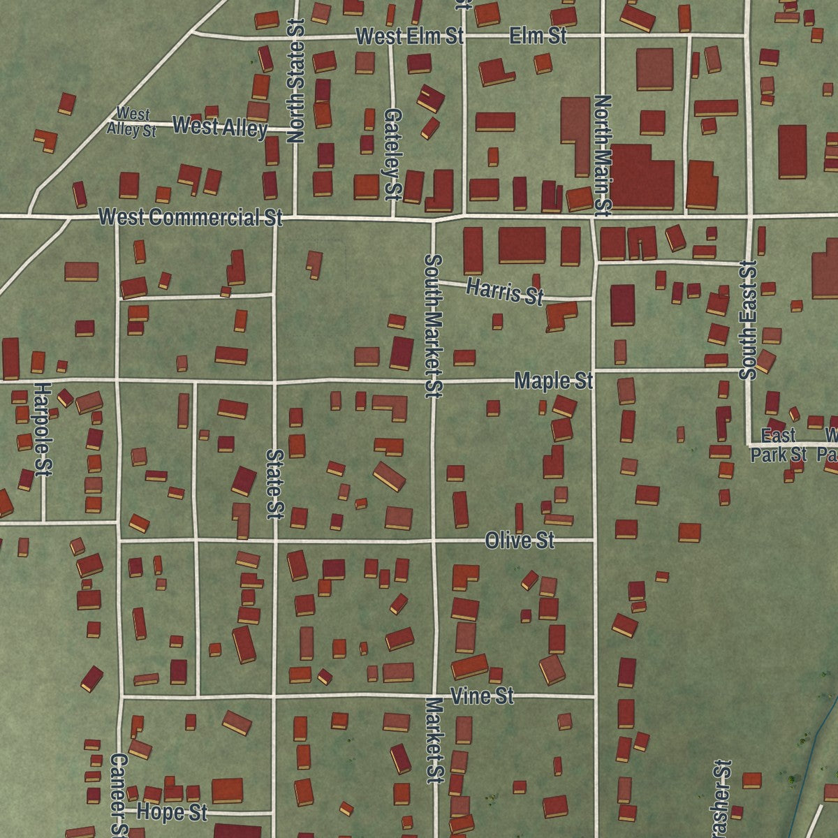 Close-up of the map of Senath, Missouri print showing street and building detail