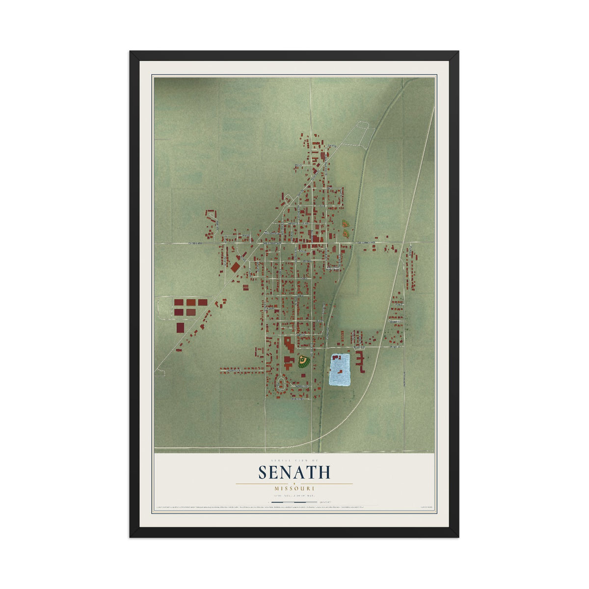 Map of Senath, Missouri, 12 x 18 inch print in a black wood frame