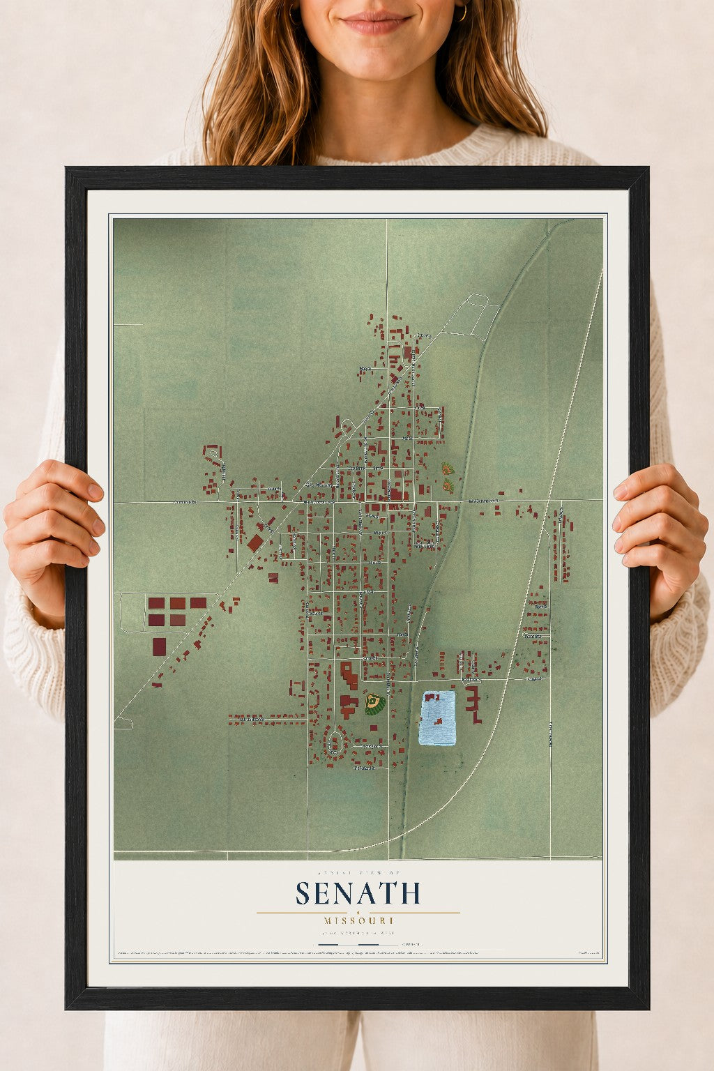 Map of Senath, Missouri, 18 x 24 inch print in a black wood frame