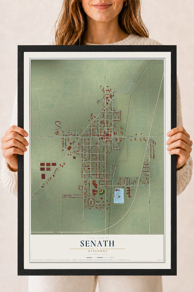 Map of Senath, Missouri, 18 x 24 inch print in a black wood frame