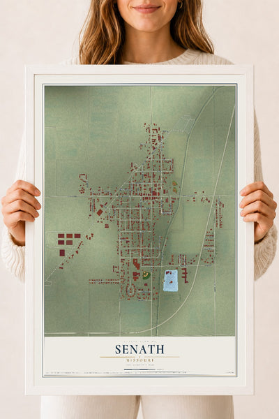 Map of Senath, Missouri, 18 x 24 inch print in a white wood frame