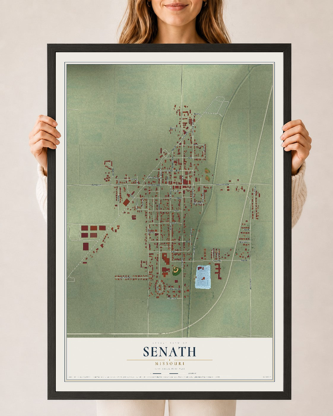 Map of Senath, Missouri, 24 x 36 inch print in a black wood frame