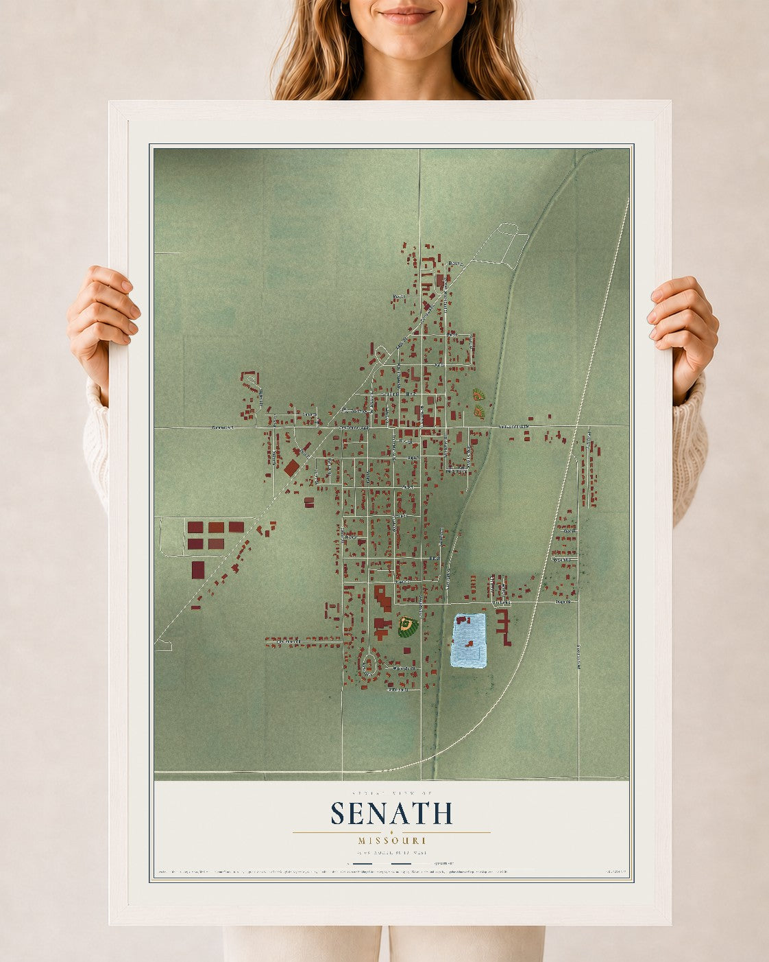 Map of Senath, Missouri, 24 x 36 inch print in a white wood frame