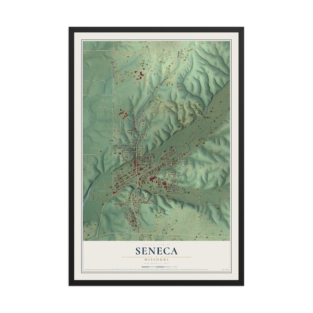 Map of Seneca, Missouri, 12 x 18 inch print in a black wood frame