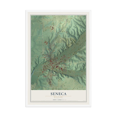 Map of Seneca, Missouri, 12 x 18 inch print in a white wood frame