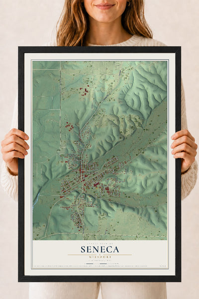 Map of Seneca, Missouri, 18 x 24 inch print in a black wood frame