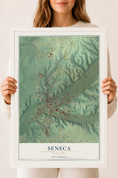 Map of Seneca, Missouri, 18 x 24 inch print in a white wood frame