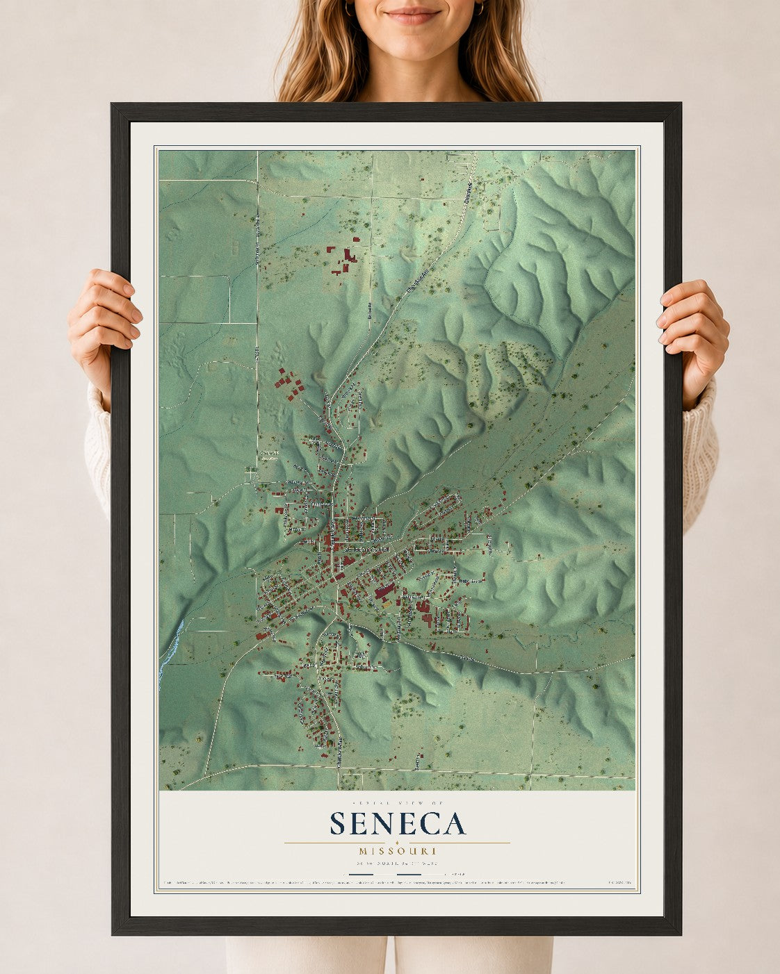 Map of Seneca, Missouri, 24 x 36 inch print in a black wood frame