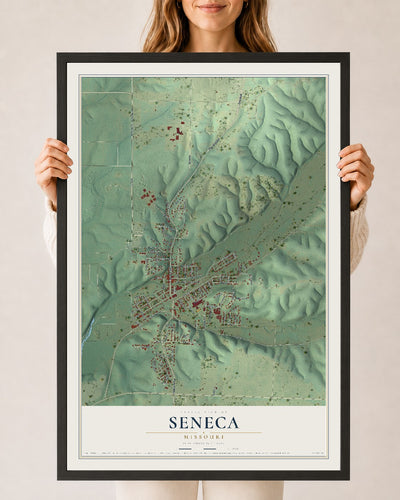 Map of Seneca, Missouri, 24 x 36 inch print in a black wood frame