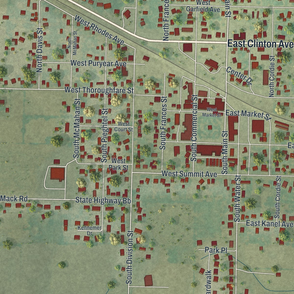 Close-up of the map of Seymour, Missouri print showing street and building detail