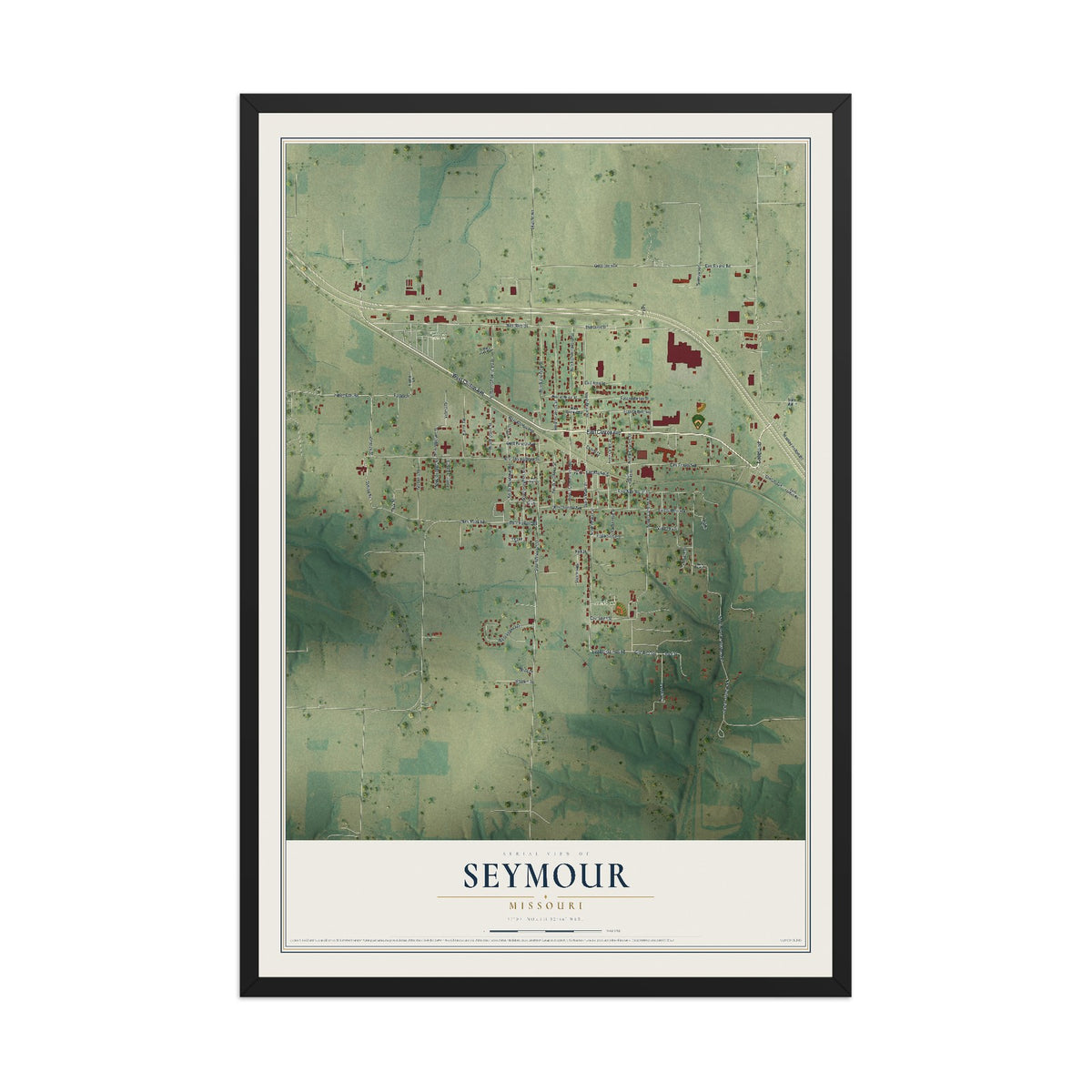 Map of Seymour, Missouri, 12 x 18 inch print in a black wood frame