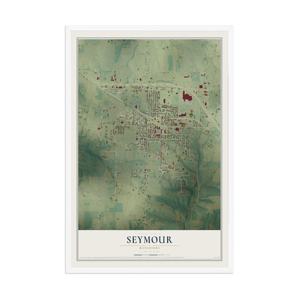 Map of Seymour, Missouri, 12 x 18 inch print in a white wood frame