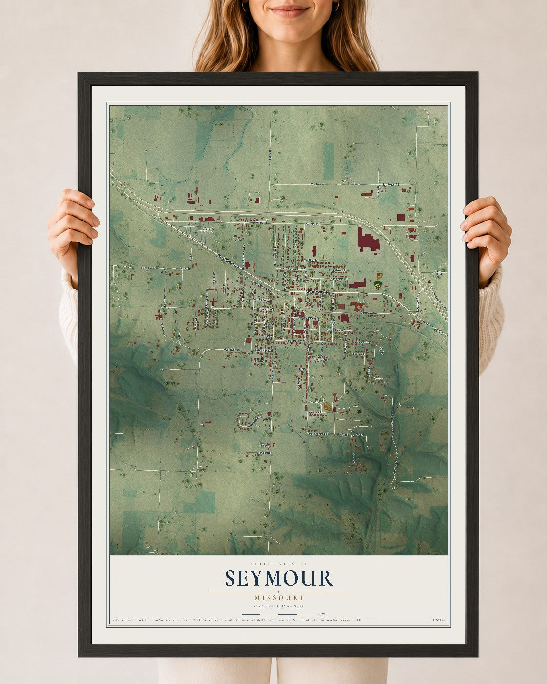 Map of Seymour, Missouri, 24 x 36 inch print in a black wood frame
