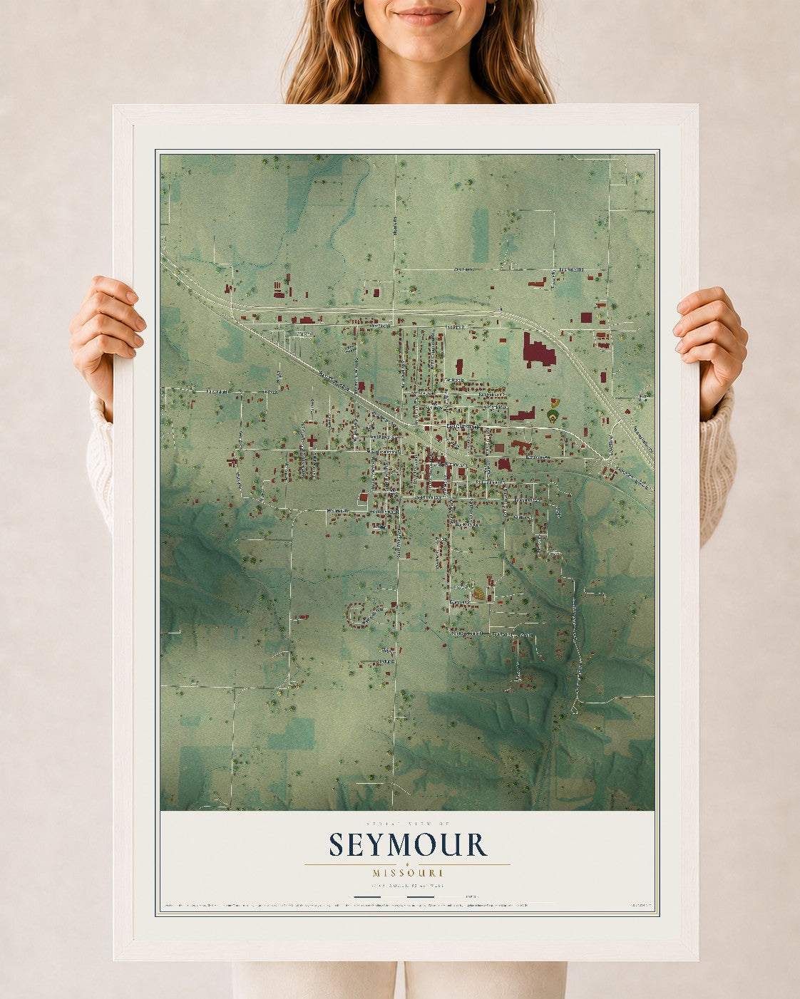 Map of Seymour, Missouri, 24 x 36 inch print in a white wood frame