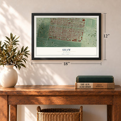 Shaw, Missouri map, 12 x 18 inch print in a black frame in an entryway