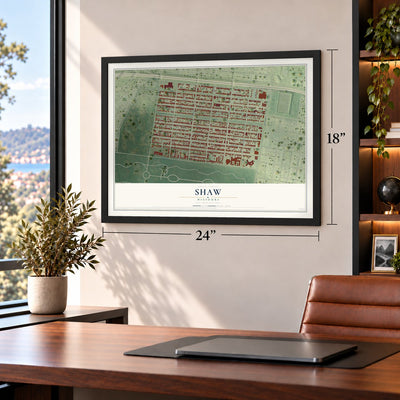 Shaw, Missouri map, 18 x 24 inch print in a black frame in a home office