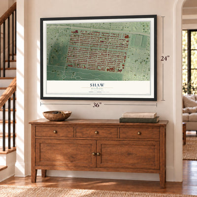 Shaw, Missouri map, 24 x 36 inch print in a black frame above a dresser by a staircase