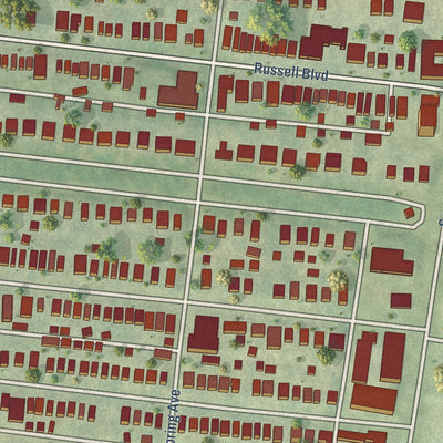Close-up of the map of Shaw, Missouri print showing street and building detail