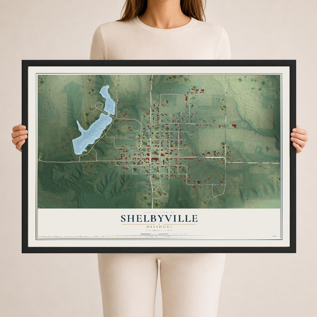 Map of Shelbyville, Missouri, 24 x 36 inch print in a black wood frame