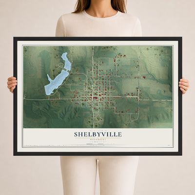 Map of Shelbyville, Missouri, 24 x 36 inch print in a black wood frame