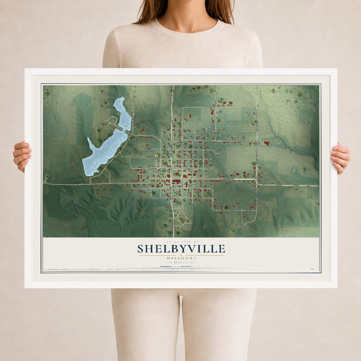 Map of Shelbyville, Missouri, 24 x 36 inch print in a white wood frame