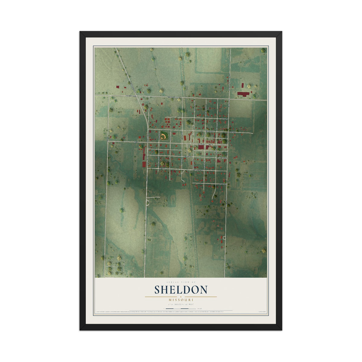 Map of Sheldon, Missouri, 12 x 18 inch print in a black wood frame