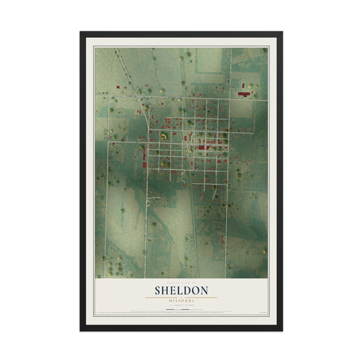 Map of Sheldon, Missouri, 12 x 18 inch print in a black wood frame