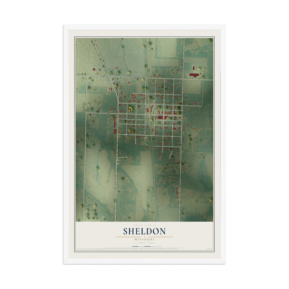 Map of Sheldon, Missouri, 12 x 18 inch print in a white wood frame