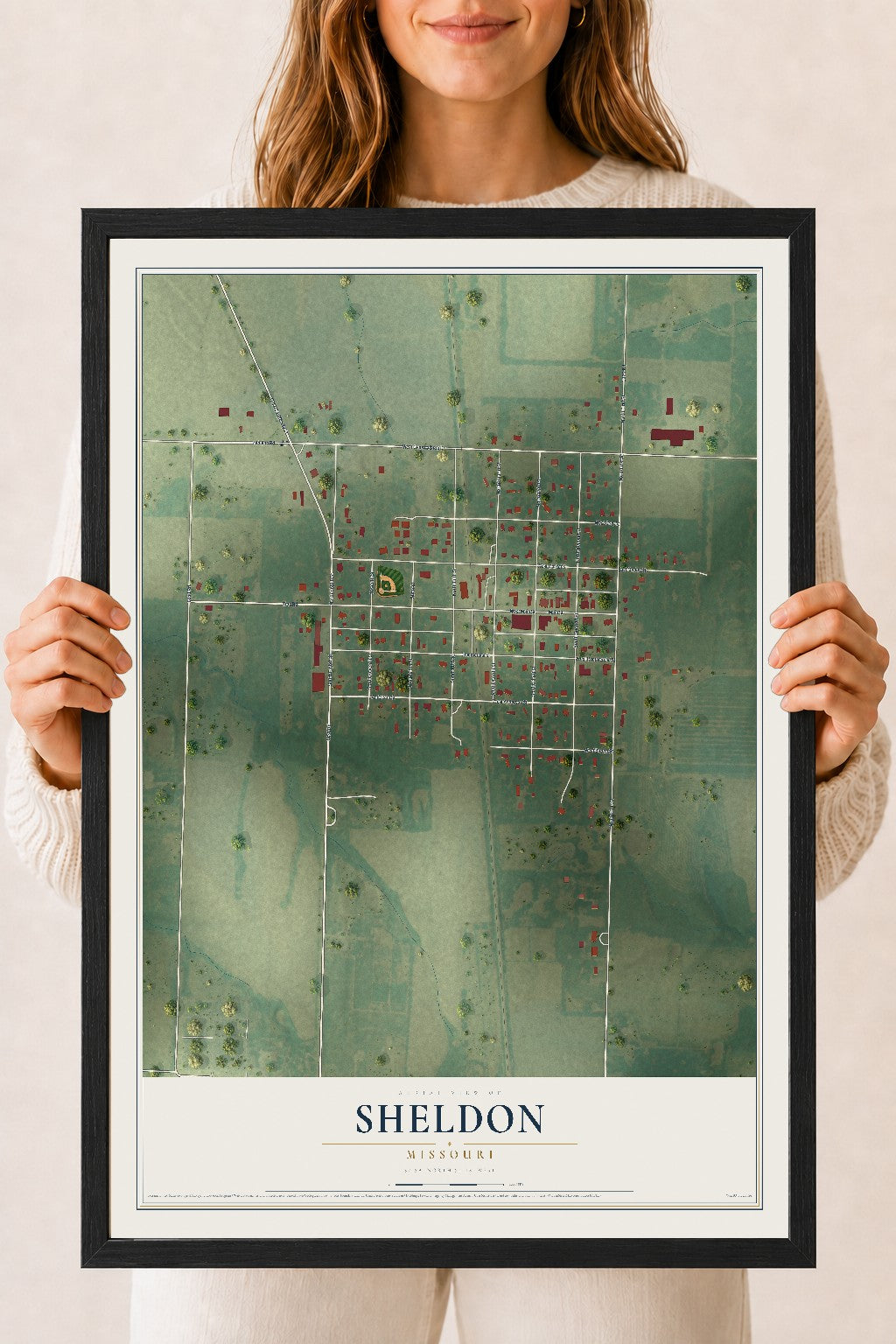 Map of Sheldon, Missouri, 18 x 24 inch print in a black wood frame