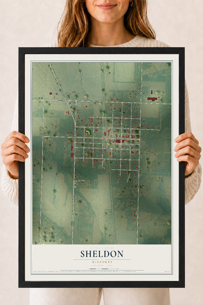 Map of Sheldon, Missouri, 18 x 24 inch print in a black wood frame