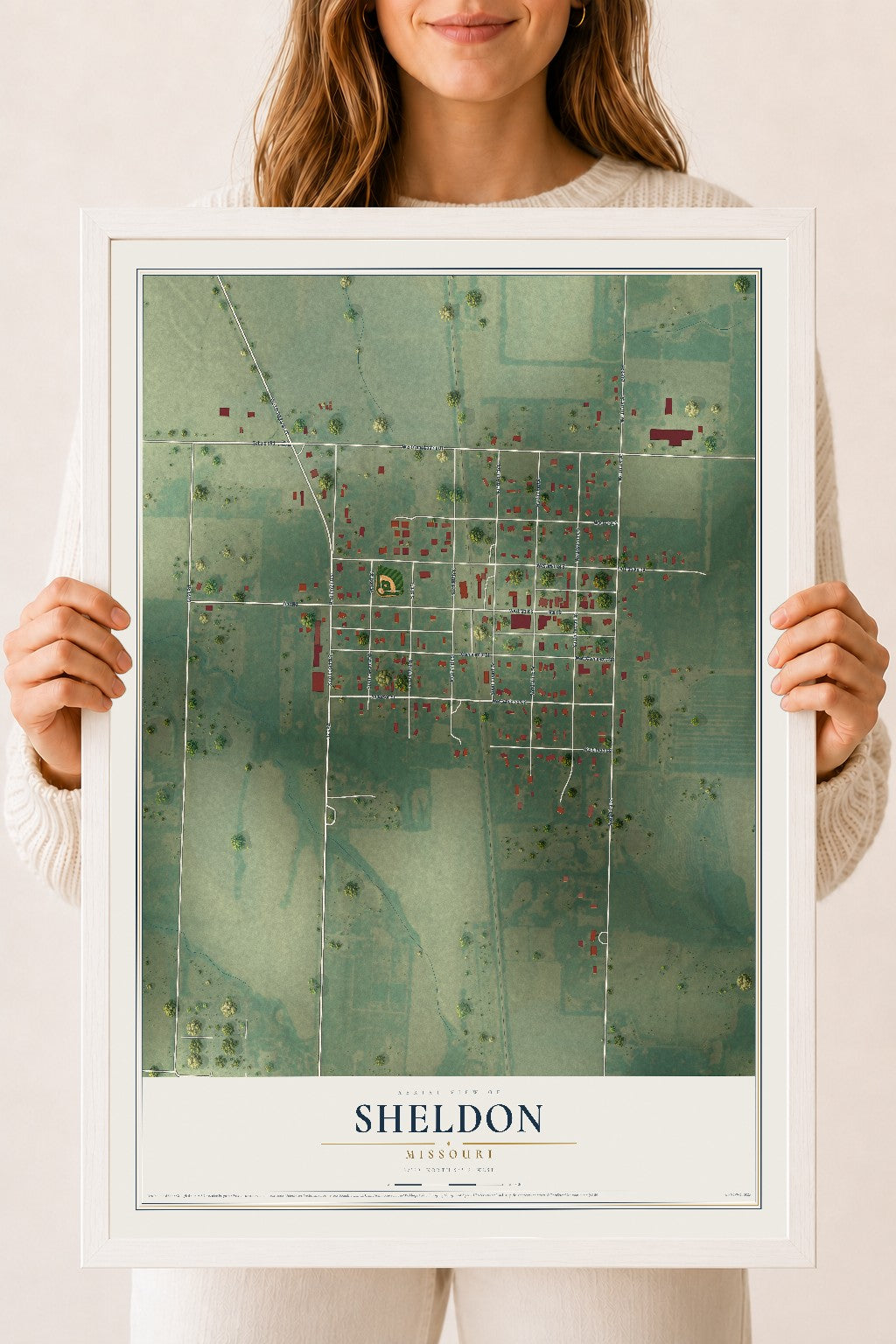 Map of Sheldon, Missouri, 18 x 24 inch print in a white wood frame