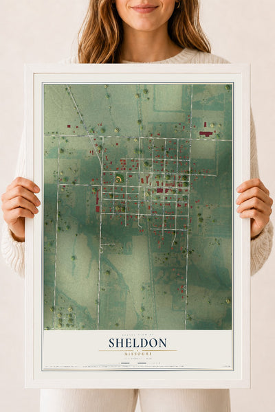 Map of Sheldon, Missouri, 18 x 24 inch print in a white wood frame