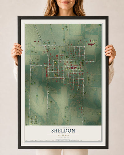 Map of Sheldon, Missouri, 24 x 36 inch print in a black wood frame