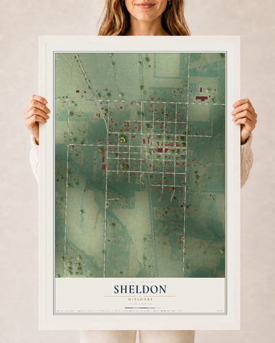 Map of Sheldon, Missouri, 24 x 36 inch print in a white wood frame