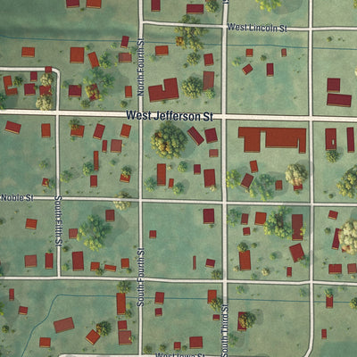 Close-up of the map of Sheridan, Missouri print showing street and building detail