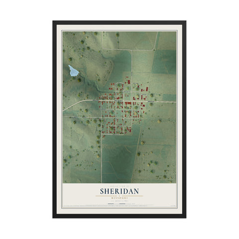 Map of Sheridan, Missouri, 12 x 18 inch print in a black wood frame