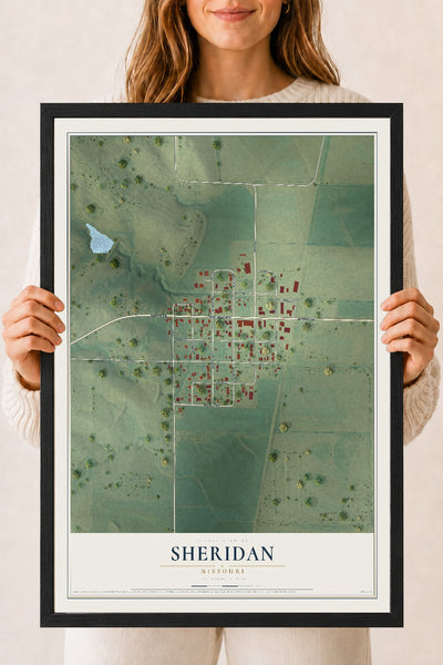 Map of Sheridan, Missouri, 18 x 24 inch print in a black wood frame